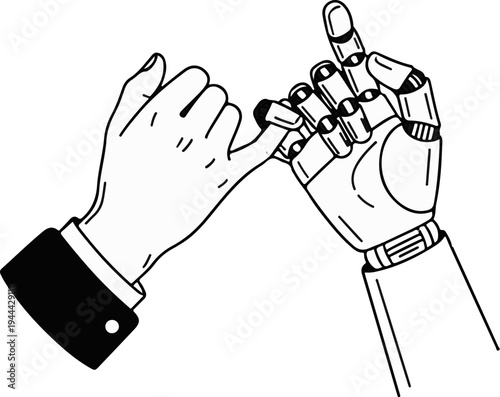 Human and robotic hands interlock pinky fingers in agreement or promise
