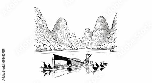 Fisherman guides boat with cormorants past karst mountains on river