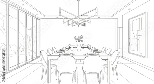Elegant dining room sketch with large table, chairs, and vase