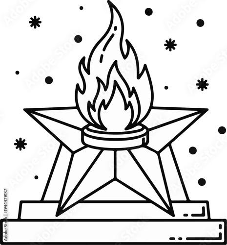 Eternal flame atop a five-pointed star memorial with falling snowflakes