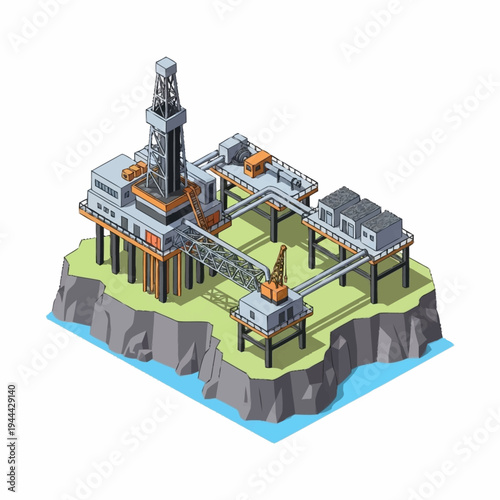 Isometric offshore oil rig platform for energy extraction.