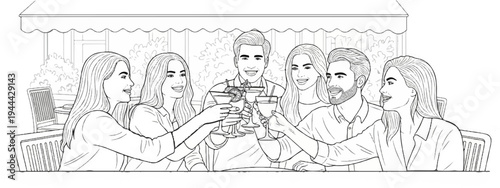 Friends celebrating with cocktails at an outdoor cafe, smiling and toasting