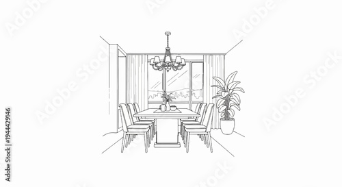 Elegant dining room setup with a chandelier and city view