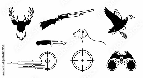 Hunting elements deer, duck, rifle, dog, knife, targets, binoculars