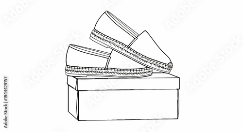 Espadrille shoes resting on a box in a simple line drawing