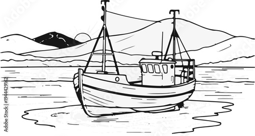 Fishing boat at sea with mountains and sunrise in the background