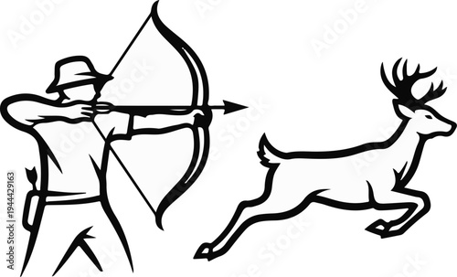 Hunter aims bow and arrow at running deer