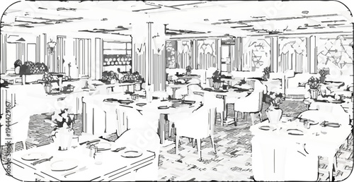 Elegant dining room interior with set tables and floral arrangements