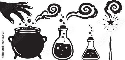 Magical witchcraft symbols and potions in black and white illustration