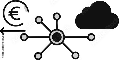 Euro symbol with arrow and network hub connecting to cloud icon