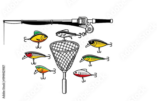 Fishing gear collection rod, net, and various colorful lures