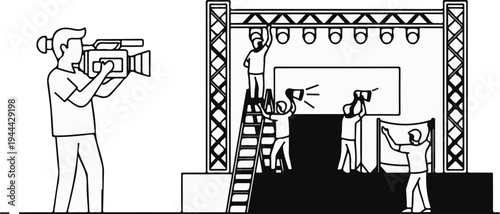 Event setup with camera crew and stage technicians rigging lights