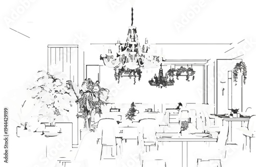Elegant dining room interior with chandeliers and lush plants, sketch style