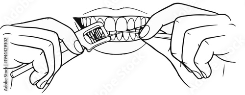 Hands demonstrate flossing between teeth with dental tools