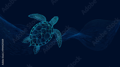 A stylized sea turtle swims through blue abstract waves, detailed outline style on a dark background