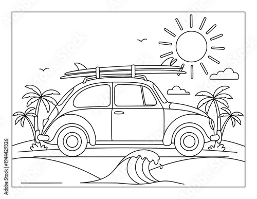 Beach retro car carrying surfboards near ocean waves and palm trees line art scene
