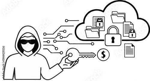 Hacker accesses secure cloud data with key, accompanied by dollar sign and documents