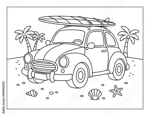 Beach vintage car with surfboard parked on sandy shore with palm trees line art scene