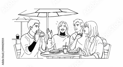Friends enjoy food and drinks outdoors under an umbrella