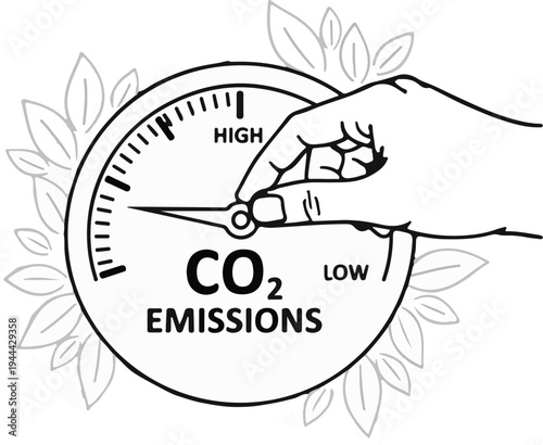 Hand adjusts CO2 emissions gauge surrounded by stylized leaves
