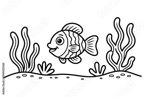 Cute outline drawing of tropical fish swimming among seaweed plants underwater