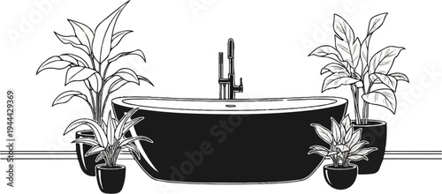Elegant bathtub with potted plants and modern faucet, creating a serene spa atmosphere