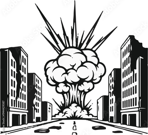Exploding mushroom cloud devastates city skyline with debris falling on streets