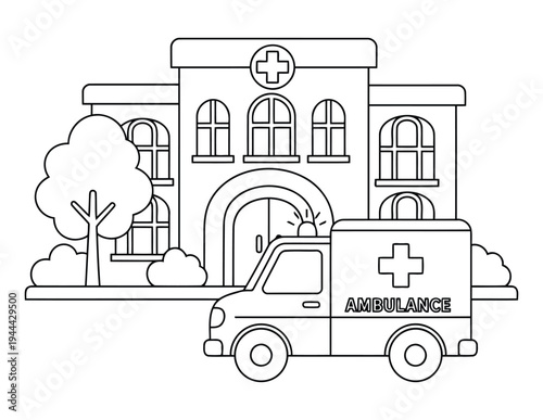 Ambulance emergency vehicle arriving at hospital entrance with medical cross line art