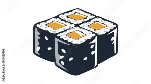A geometric illustration of four pieces of sushi with dark nori and orange fillings, arranged as a cube