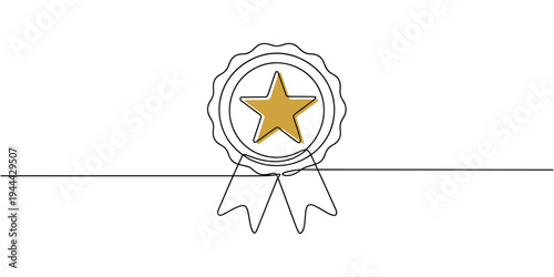 Single continuous line drawing of the best quality award badge with gold star winning medal illustration, Award ribbon badge continuous one line drawing illustration, Award Badge continuous one line.