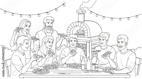 Friends enjoy pizza outdoors near a wood-fired oven under string lights