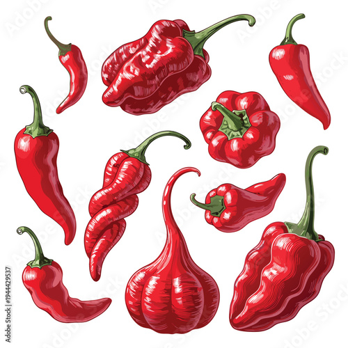 Photorealistic Red Chili Peppers Variety Set Vector Illustration
