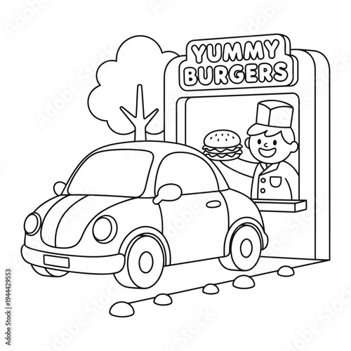 Burger drive through restaurant with car and smiling server in outline coloring style