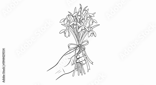 Hand holding a bouquet of snowdrops tied with a ribbon