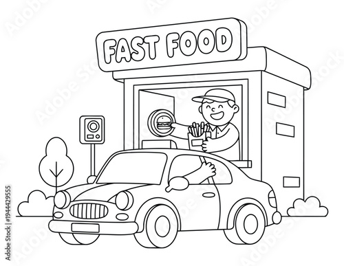 Fast food drive through restaurant serving meal to car in outline coloring page style
