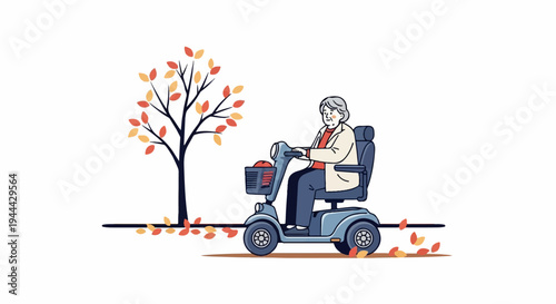 Elderly woman on mobility scooter with autumn tree and falling leaves