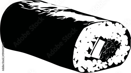 A black and white illustration of a sushi roll cut open. The rice is visible