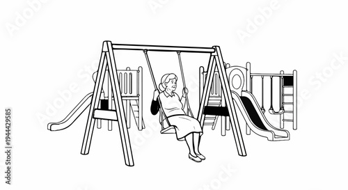 Elderly woman joyfully swings on a playground swing set, flanked by slides