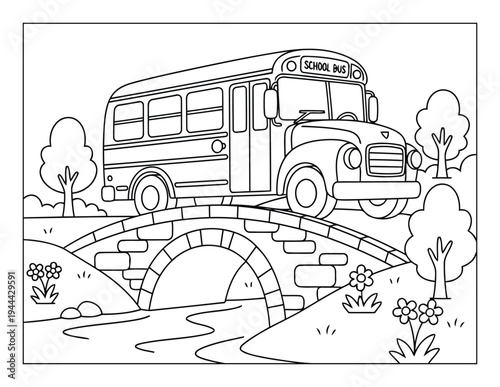 School bus driving over stone bridge in scenic countryside outline coloring style