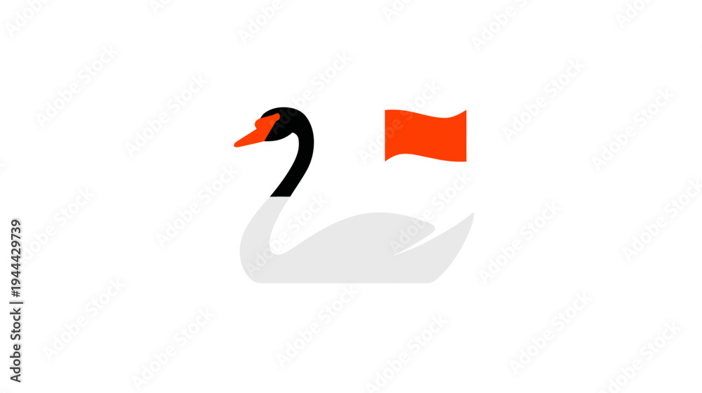 Fototapeta premium Minimalist illustration of a swan with an orange flag on a white background