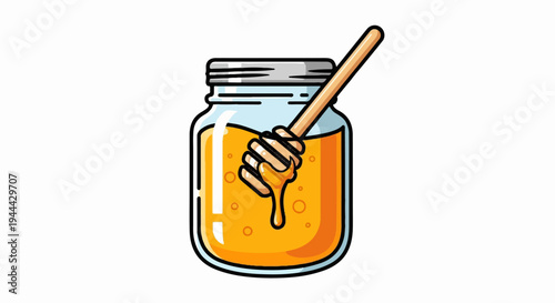 Glass jar filled with golden honey, a wooden dipper rests inside