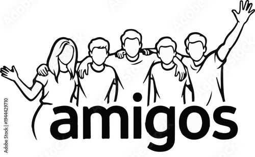 Five simplified figures stand together, arms around shoulders, with one waving