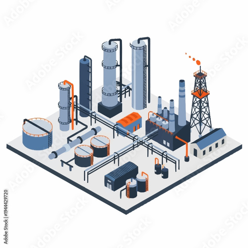 Isometric Oil Refinery and Chemical Plant Illustration.