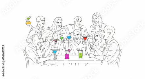 Friends gathered around a table, toasting with colorful cocktails and smiling