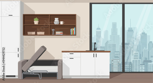 Compact studio apartment with convertible sofa bed and kitchenette, urban city view
