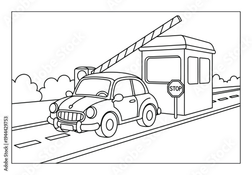 Toll booth checkpoint with car passing road barrier in outline coloring page style