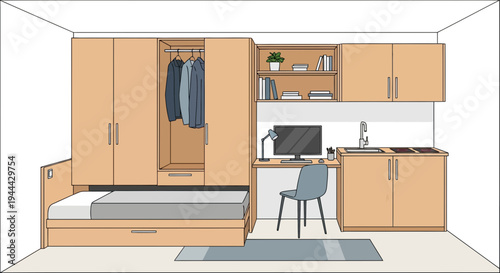 Compact Studio Apartment with Fold-Down Bed and Integrated Kitchenette