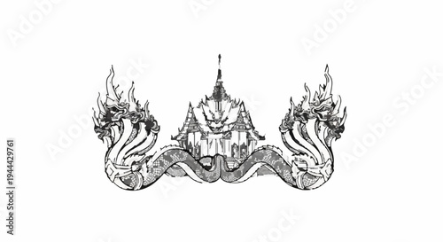 Elaborate temple facade flanked by mythical serpents with ornate scales and fiery heads