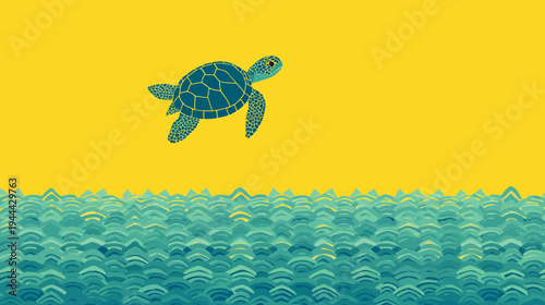 Illustration of a sea turtle gliding above waves against a yellow sky backdrop