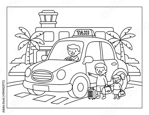 Taxi arriving at airport terminal with family travelers in outline coloring style